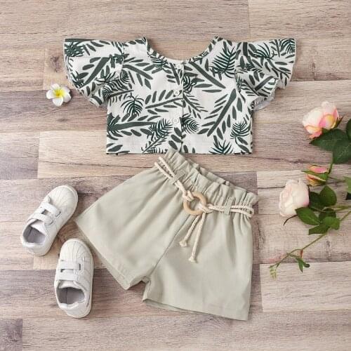 Summer Two Piece Girls Clothes Fresh Printing Fly Sleeve Round Neck Cardigan and Solid Color Short Pants with Waistband