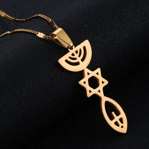Stainless Steel Trendy Messianic Necklace Holy Land Menorah Hexagram Pendant Israel Hanukiah Chanukkiyah Jewelry