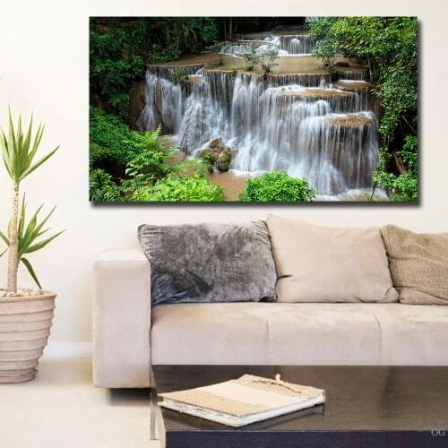 Fashion Wall Canvas Art Pictures Home Decor Living Room Poster Green Waterfall Tree Scenery Modern Painting Prints No Framed