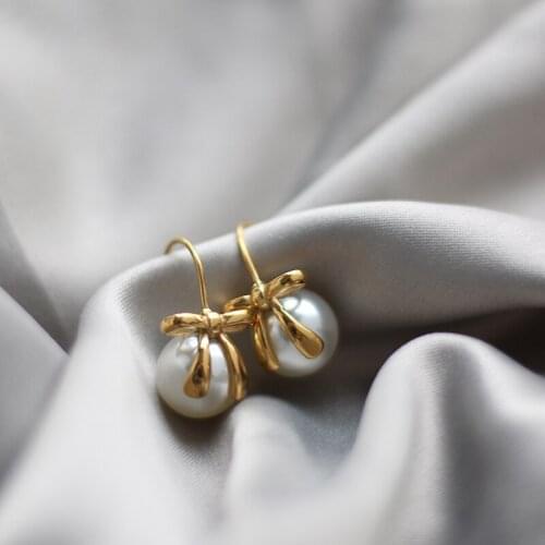 MODAGIRL Stainless Steel Gold Bowknot Pearl Drop Earrings Wedding Bridesmaid Earrings Gift for Woman Jewelry
