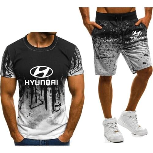 2021Summer Mens T-Shirt Hyundai Car Logo Cotton Gradient High Quality Cotton Mens T-Shirt Pants Suit 2Pcs