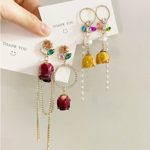 MWSONYA Fashion Flower Dangle Women Earrings 2021 Trend Pearl Tassel Asymmetry Real Roses Chain Earrings Pendientes Jewelry Gift