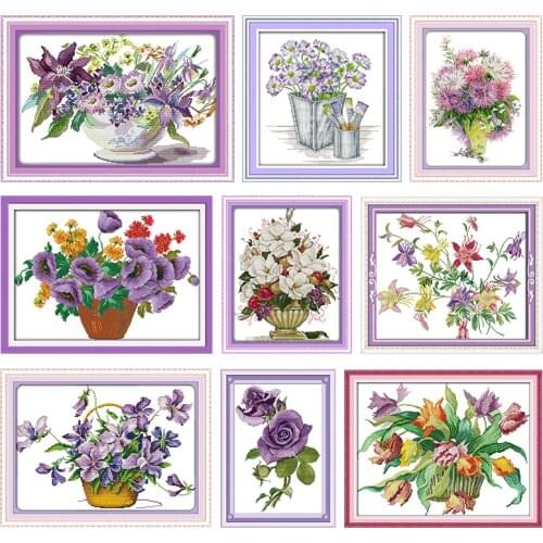 Cross-Stitch Kit Stamped Purple Potted Flower Printed 11CT 14CT Painting Counted Patterns Crafts Decor Embroidery Needlework Set