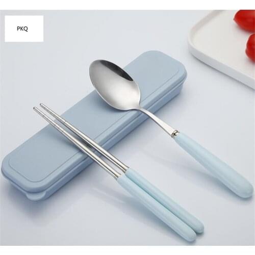 Stainless Steel Tableware Set Chopsticks Spoon Kit with ceramic handle Travel Portable Cutlery Set Camping Supplies Dinnerware