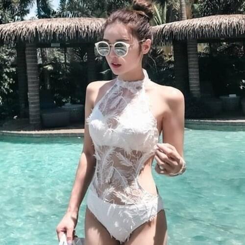New One-Piece Swimsuit Womens Swimsuit Sexy Perspective Feather Lace Triangle One-Piece Halter Deep V Halter Simple