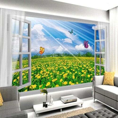 Beibehang Custom Photo Wallpaper Mural White Window Blue Sky Sunflower 3D Background Wall papel de parede 3d para sala atacado