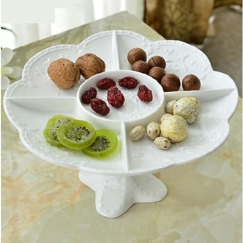 Embossed Ceramics Cake Compote Tray Ornamental Porcelain Dessert Assorted Plate Decor Dinnerware for Fruits, Cookies and Candy