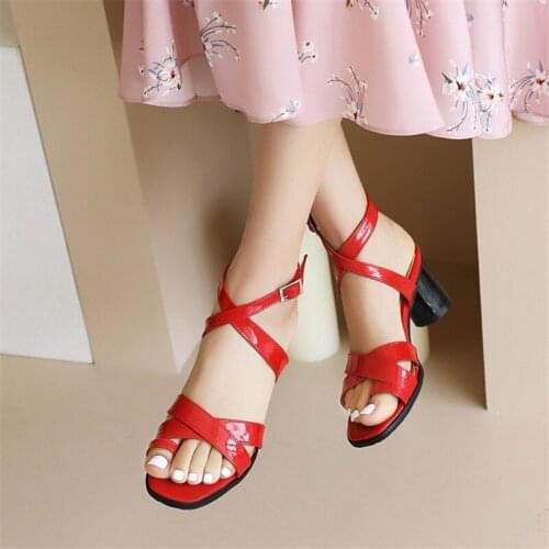 PXELENA Rome Cross tied Toe Ring Sandals Women Patent Leather Round High Heels Party Date Daily Shoes Red Pink Black White 34-43