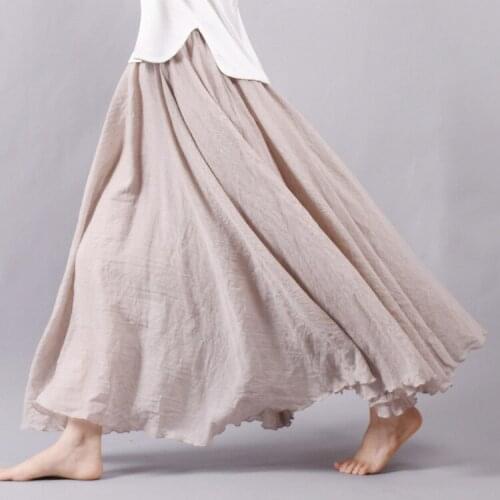 Sherhure 2020 Women Linen Cotton Long Elastic Waist Pleated Maxi Beach Boho Vintage Summer Skirts Faldas Saia