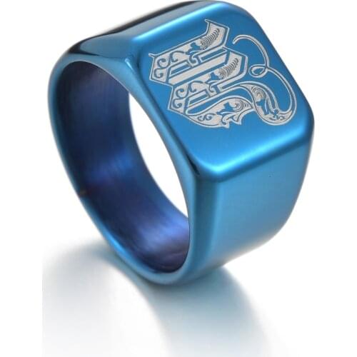 Blue Square Mens Wedding Vintage Initial Letter Stamp Rng 18mm Thick Stamp Stainless Steel Letter Ccustom Jewelry Gift For Him