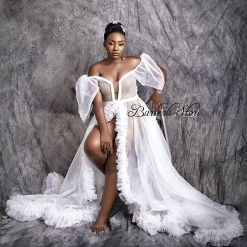 Sexy White See Thru Women Long Tulle Robe 2021 Ruffles Tiered High Split Women Dresses Beach Party Maternity Photoshoot Dress