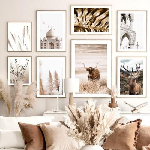 Taj Mahal Meadow Cow Deer Reed Monstera Leaf Wall Art Print Canvas Painting Nordic Poster Wall Pictures For Living Room Decor