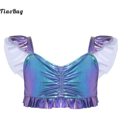 TiaoBug Summer Kids Girls Flutter Sleeve Metallic Mermaid Crop Tank Tops For Dance Halloween Cosplay Party Costume