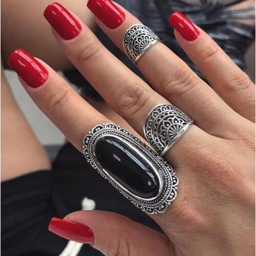 Bohemian Vintage Hollow carved Geometric Joint Ring Set for Women Black Gem Ring Set Party Jewelry Gift