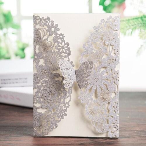 WISHAMDE Silver Glitter Laser Cut Wedding Invitations Cards with Butterfly Lace Flower Designs for Birthday Baby Shower 50pcs