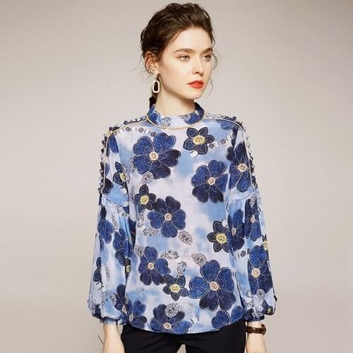Women Floral Print Shirt Tops Elegant Stand Collar Vintage Long Lantern Sleeve Shirts Blouses Female 100% Real Silk Blouse Loose