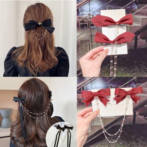 Ladies Hairpin Korean Fashion Chain Tassel Hair Clips Headdress Ins Simple Fabric Bow Top Clip Duckbill Clip Hair Accessories
