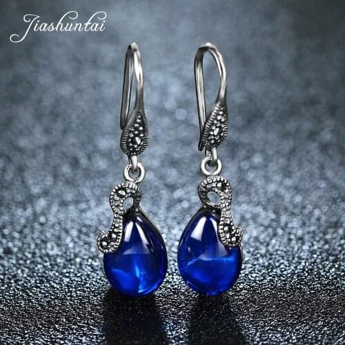 JIASHUNTAI Retro 100% 925 Sterling Silver Drop Earrings For Women Natural Precious Stones Vintage Thai Silver Earring Jewelry