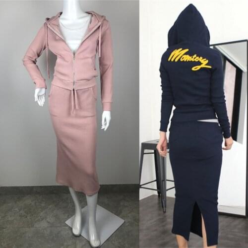 Autumn fashion 2 pieces set sweatershirt long sleeve hooded top + high waist long pencil skirts female casual sportwear