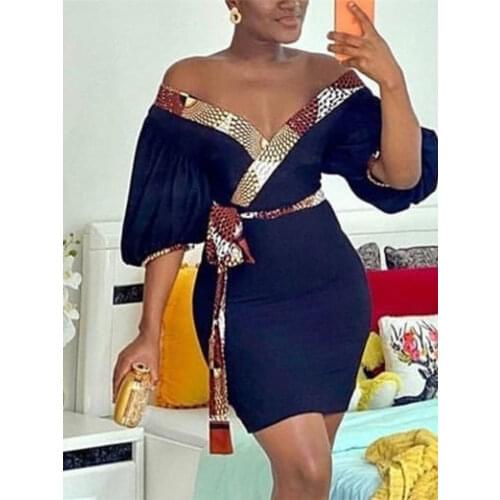 Women Mini Dress V Neck Patchwork Printed Waist Belt Vintage Elegant Bodycon Classy Retro Slim Vestidos African Female Fashion