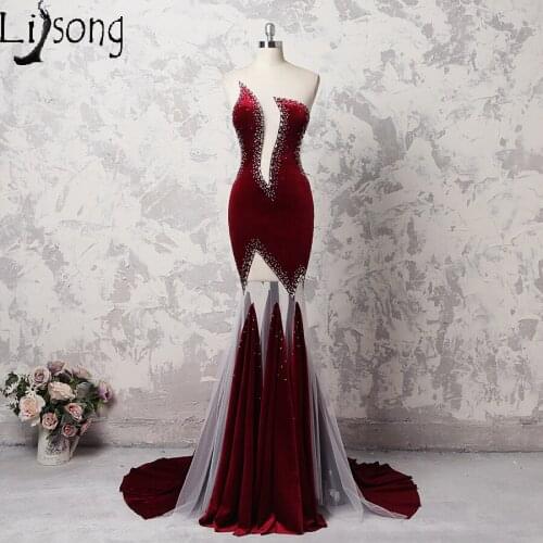 New Design Burgundy Prom Dress Long Mermaid Womens 2018 Maxi Gowns Beaded Sexy Amazing Floor Length Red Carpet Celebrity Dress