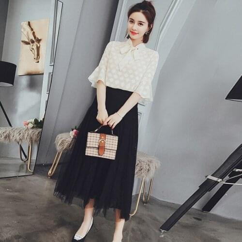 RG Elegant Women Two Piece Clothes Set Half Sleeve Ruffle Cuff Bow Neck Blouse Black Lace Skirt Women Set Suits Summer Spring