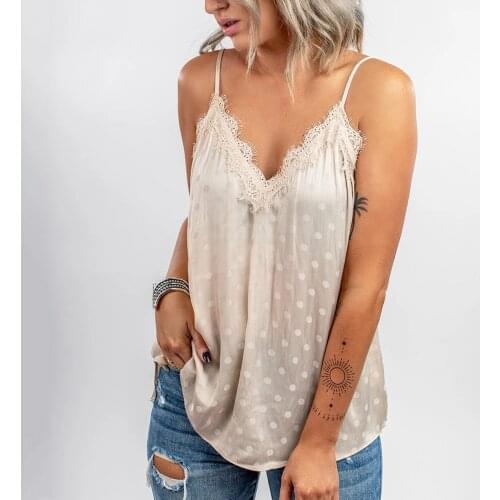 Fashion Lace Satin Womens Tank Tops Polka Dot Pattern Halter Top V-Neck Ladies Sexy Camisole Swing Vest Summer Top Clubwear