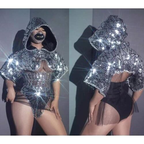 Sparkling Sequin Party Costumes Women Hooded Wish Cape + Waistband + Shorts Prom Outfit Sets Nightclub DJ Jazz Singer Stage Wear