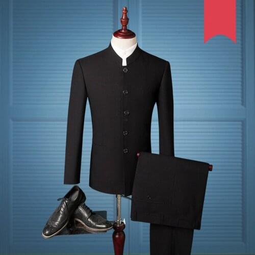 Breasted 2020 New Single Suits Set Chinese Groom Tuxedos Tunic Mandarin Collar Ternos Slim /Slimming Suit Men Coat Pant 986