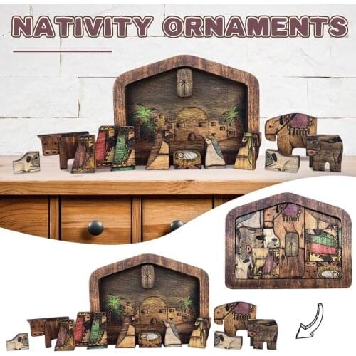 1Set New Wooden With Wood Burned Design,Wooden Jesus Puzzle Game Nativity Set Home Decoration Accessories For Kid Adult Figurine