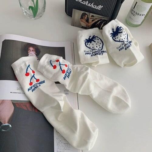 Original White Spring Summer Cotton INS Fashion Girl Breathable Street Cosplay Lolita Cherry Pattern Woman Middle Tube Socks