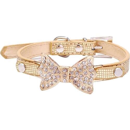 Dog Collar Bling Crystal Bow Leather Pet Collar Puppy Choker Cat Necklace XS S M