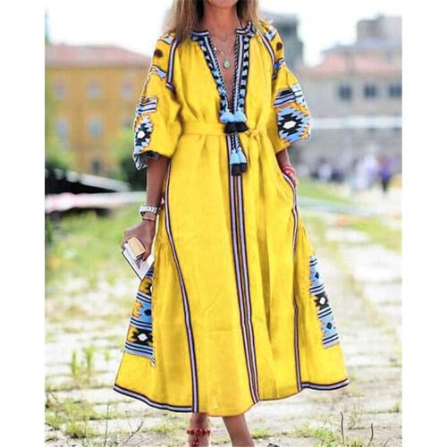 Retro Embroidery Dress Women High Waist A Line Summer Long Maxi Dress Bohemian Style Three Quarter Sleeve Party Club Vestidos