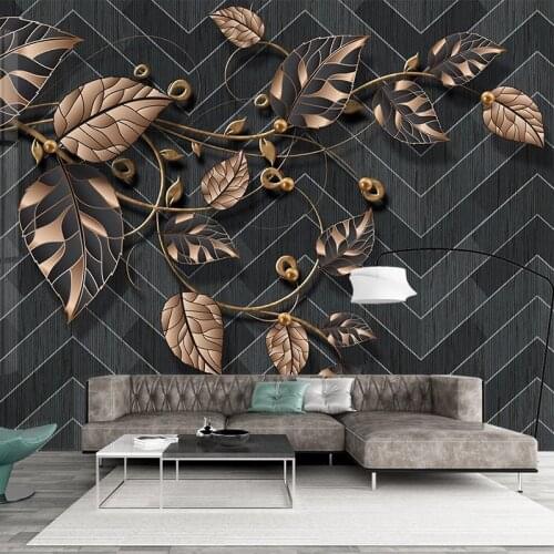 Custom Photo Nordic Modern Black Geometric Mural Wallpaper Golden Plant Leaves Restaurant Living Room Sofa Decor Wall Painting