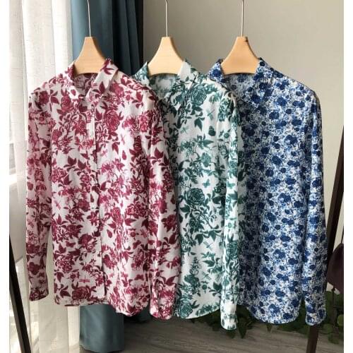 2021 French Romantic Retro Elegant Breathable Rose Printed Silk Cotton Long Sleeve Shirt