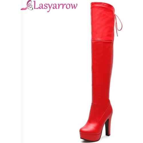 Lasyarrow Sexy Womens Boots Black Red Thick High Heels Shoes Woman Womens Round Toe Platform Boots Back Lace Up Botas Feminina