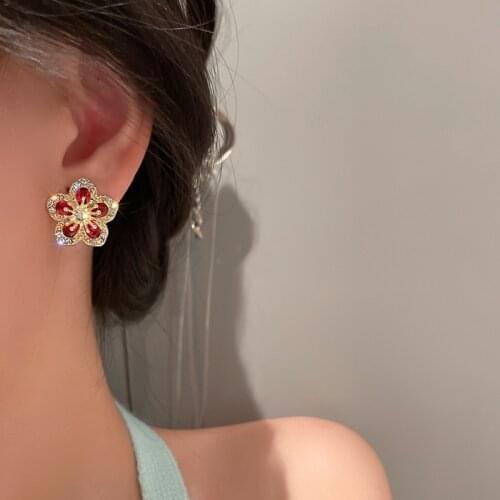 Chinese Style Vintage Red Color Crystal Romantic Zircon Inlaid Flower Stud Earrings for Women Luxury Piercing Earring Jewelry