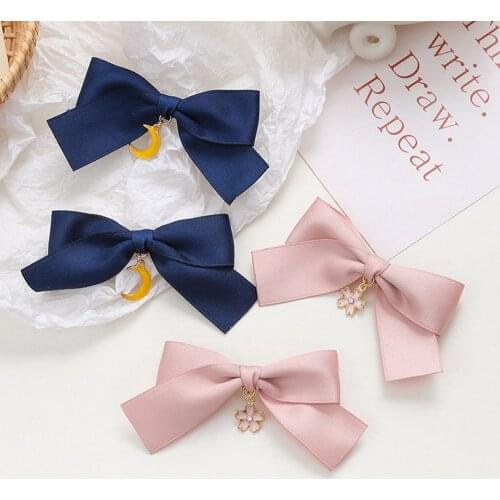 Korean Bowknot Moon Cherry Blossoms Hairpin Womens Rhinestone Fashion Lolita Hairpin Ribbon Ponytail Holder Hair Accessories