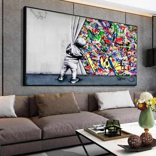 Modern Street Art Pictures Kids Graffiti Wall Art Behind The Curtain Canvas Paintings Cuadros Wall Posters Prints For Home Decor