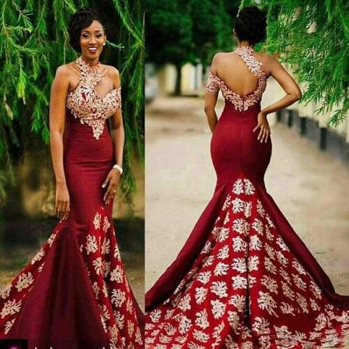 Dark Red Satin Mermaid Long Evening Dresses High Neck Chapel Train Zipper Back Mermaid Formal Evening Gowns Prom Dresses