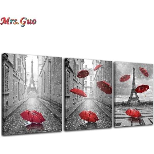 Triptych Black And White with Red Umbrellas Diamond Painting Full Square Diamond embroidery Diamond Mosaic Home Decor Painting