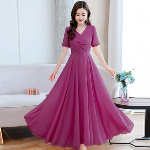 Vestidos Elegantes Chiffon Summer Short Sleeve V-neck Long A-line Ropa Mujer Sukienki Women Dress 2459