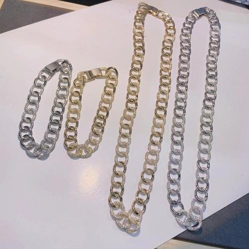 Statement Cuban Link Chain Choker Necklace Bracelet 2pcs Bridal Zirconia Necklace Sets For Women Jewelry sets N0453