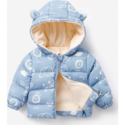 Toddler Baby Winter Coats Kids Velvet Thick Warm Hooded Jackets Boys Girls Cartoon Print Down Cotton Outerwear