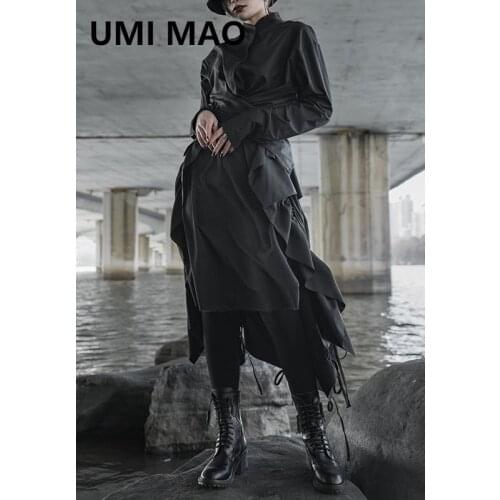 UMI MAO Spring Half-length Black Womens Mid-length Ruched Design Dark Wind Niche Long Skirt Y2k Gothic Clothes Korean Fashion