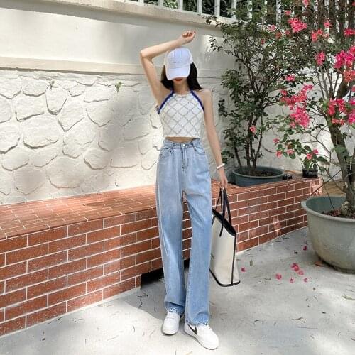 Women Streetwear High Waist Jeans Womens Washed Gradient Blue Jeans Girls Wide Leg Pants Trousers Female Straight Loose Denim