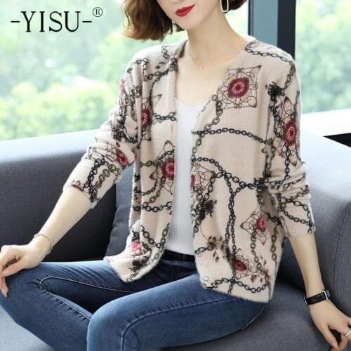 YISU Women Cardigan Sweaters 2020 winter clothes Women V-neck Loose Chain Print Cardigan Female Imitation mink Cardigan Coats