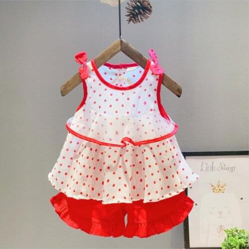 Hot Sale Kids Summer Clothing Set Baby Girls Fashion Cotton O-Neck Dot Sleeveless Bow Shirt+Shorts 2PCS Little Girls Outfits