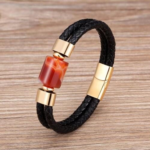 2021 natural round mens stone leather Charm Bracelet Stainless steel jewelry mens stone bead pulse gift