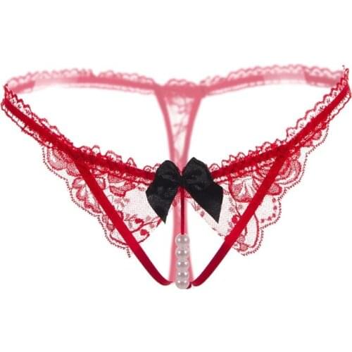 649D Pearl Lace Beads Lace Panties Erotic Thong Lingerie Low Waist Sexy Underwear with Bowknot for Womens